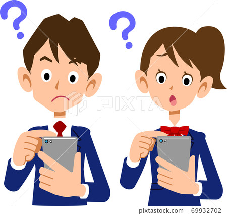 Students operating smartphones with a questionable expression 69932702