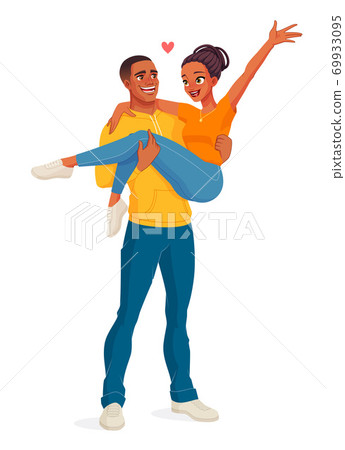 Man carrying woman. Happy smiling joyful black couple. Isolated vector illustration. 69933095