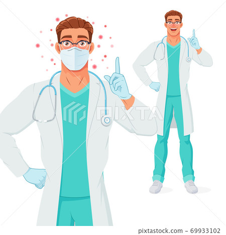 Doctor in mask, gloves pointing finger up to give advice. Protection from Coronavirus. Vector illustration. Doctor in mask, gloves pointing finger up to give advice. Protection from Coronavirus. Vector illustration. 69933102