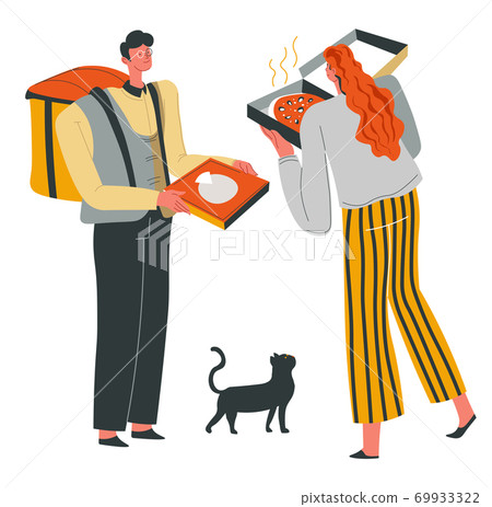 Pizza delivery for customer, deliverer giving food Pizza delivery for customer, deliverer giving food 69933322