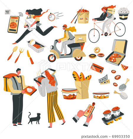 Quick food delivery in time, deliveryman with meal Quick food delivery in time, deliveryman with meal 69933350