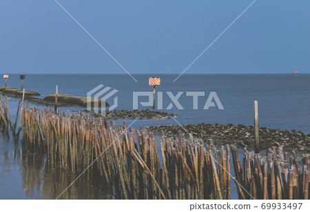 Bamboo sea wave protection fence wall. Bamboo sea wave protection fence wall. 69933497