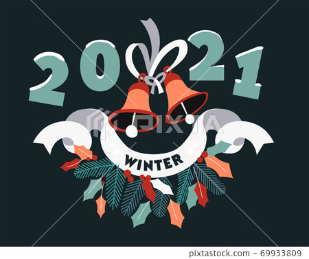 Christmas and new year of 2021, decorative banner with bells Christmas and new year of 2021, decorative banner with bells 69933809