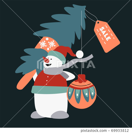 Snowflake wearing santa hat selling pine trees for christmas Snowflake wearing santa hat selling pine trees for christmas 69933812