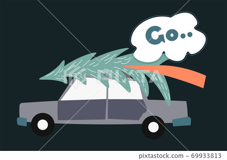 Car with pine tree on top, preparation for christmas Car with pine tree on top, preparation for christmas 69933813