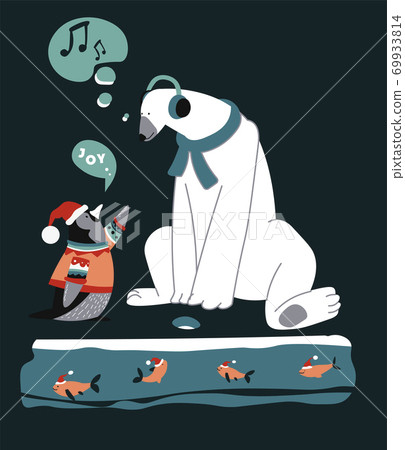Christmas characters, penguin talking to polar bear with headphones Christmas characters, penguin talking to polar bear with headphones 69933814
