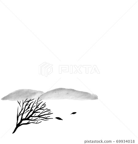 冬天的樹和山單色插圖（墨水手繪插圖）-插圖素材[69934018] - PIXTA圖庫