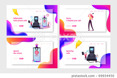 People Ignoring Incoming Call Landing Page Template Set. Tiny Male Characters Destroying Huge Calling Telephone, Ignore 69934450