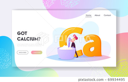 Dairy Production as Source of Calcium Mineral Landing Page Template. Tiny Woman Character Eating Curd from Huge Bowl 69934495