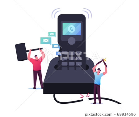 Tiny Male Characters Destroying Huge Calling Telephone. Men Ignoring Incoming Calls Try to Avoid Unpleasant Conversation Tiny Male Characters Destroying Huge Calling Telephone. Men Ignoring Incoming Calls Try to Avoid Unpleasant Conversation 69934590