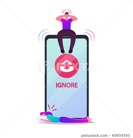 Tiny Male Character Sit on Huge Smartphone Ignoring Incoming Call Trying Avoid Unpleasant Conversation with Girlfriend Tiny Male Character Sit on Huge Smartphone Ignoring Incoming Call Trying Avoid Unpleasant Conversation with Girlfriend 69934593