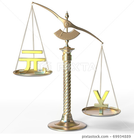 Renminbi yuan CNY sign weighs less than Yen symbol on balance scales, 3d rendering Renminbi yuan CNY sign weighs less than Yen symbol on balance scales, 3d rendering 69934889