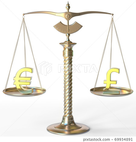 Euro EUR symbol and Pound sterling sign on golden balance scales, forex parity conceptual 3d rendering Euro EUR symbol and Pound sterling sign on golden balance scales, forex parity conceptual 3d rendering 69934891