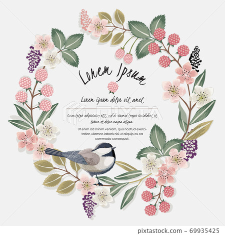 Vector illustration of a floral frame with a cute bird on a floral branch in spring for Wedding, anniversary, birthday and party. Design for banner, poster, card, invitation and scrapbook Vector illustration of a floral frame with a cute bird on a floral branch in spring for Wedding, anniversary, birthday and party. Design for banner, poster, card, invitation and scrapbook 69935425
