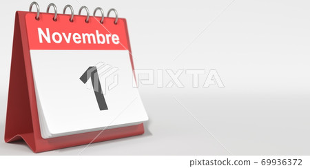 November 1 date written in French on the flip calendar page, 3d rendering 69936372