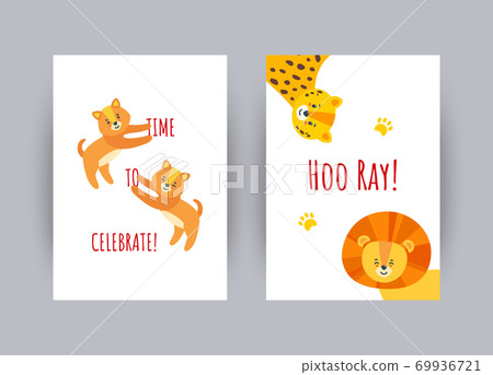 Greeting cards with animals. Colorful celebration cards with puppies, leopard and lion. Vector illustration Greeting cards with animals. Colorful celebration cards with puppies, leopard and lion. Vector illustration 69936721