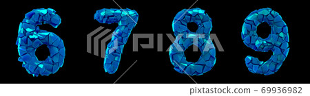 Number plastic set 6, 7, 8, 9 made of 3d render plastic shards blue color. 69936982