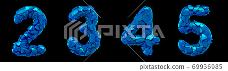 Number plastic set 2, 3, 4, 5 made of 3d render plastic shards blue color. 69936985