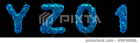 Plastic letters set Y, Z, 0, 1 made of 3d render plastic shards blue color. 69936986