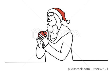 Young girl in a New Year's cap with a cup in her hands Young girl in a New Year's cap with a cup in her hands 69937321