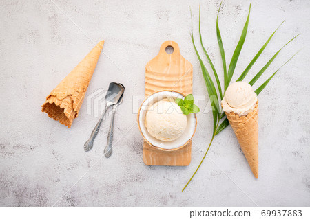 Coconut Ice Cream Flavours In Half Of Coconut Stock Photo