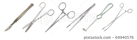 Set of surgical instruments. Scalpel, Liston s amputation knife, straight scissors, clamp mosquito with clasp, anatomical tweezers, Folkmann s serrated hook, Meyer s forceps, Isolated objects. Vector Set of surgical instruments. Scalpel, Liston s amputation knife, straight scissors, clamp mosquito with clasp, anatomical tweezers, Folkmann s serrated hook, Meyer s forceps, Isolated objects. Vector 69940576