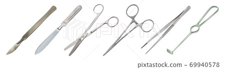Set of surgical instruments. Tweezers, all-metal reusable scalpel, clip with fastener, straight scissors with rounded ends, jagged hook Folkmann. Vector illustration 69940578