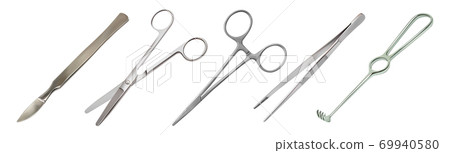 Set of surgical instruments. Tweezers, all-metal reusable scalpel, clip with fastener, straight scissors with rounded ends, jagged hook Folkmann. Vector illustration Set of surgical instruments. Tweezers, all-metal reusable scalpel, clip with fastener, straight scissors with rounded ends, jagged hook Folkmann. Vector illustration 69940580