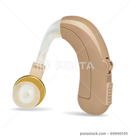 Hearing aid behind the ear. Sound amplifier for patients with hearing loss. Treatment and prosthetics in otolaryngology. Medicine and health. Realistic object on white background. Vector 69940595