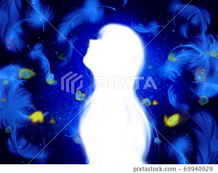 藍色銀河天使的翅膀，蝴蝶和長發女孩剪影在太空中跳舞 69940929