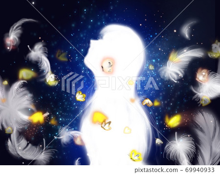 Silhouette of angel wings, butterflies and long-haired girl dancing in the blue galaxy universe 69940933