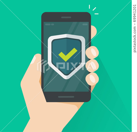 Security protection shield on mobile phone guard online in hand vector icon flat cartoon, internet web virus attack protection, secure safety smartphone cellphone technology as digital anti fraud 69941201