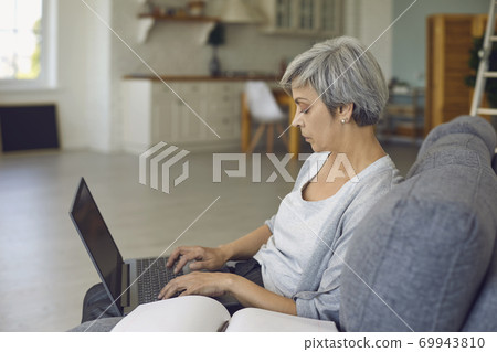 Serious senior woman working on laptop sitting in big armchair with notebook beside 69943810