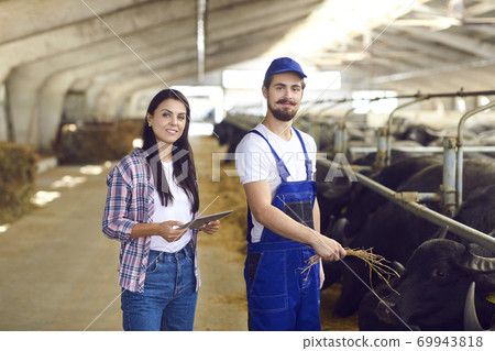 Dairy farm workers standing in cowshed near row of stables looking at camera and smiling Dairy farm workers standing in cowshed near row of stables looking at camera and smiling 69943818