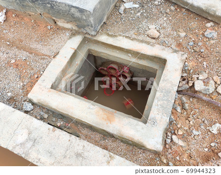 SEREMBAN, MALAYSIA -AUGUST 6, 2020: Utility services manhole and underground pipes under construction at the construction site. In-situ construction by workers based on infrastructure engineer design. 69944323