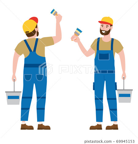 Construction worker painter with brush and paint bucket in workwear. Back and front view craftsman character vector isolated 69945153