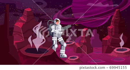 Astronaut exploring alien planet. Cosmonaut scientific traveler character on a rocky surface in far galaxy. Cartoon flat style vector illustration banner 69945155
