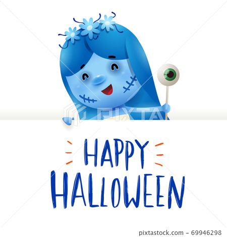 Corpse Bride with big signboard. Happy Halloween calligraphy let 69946298