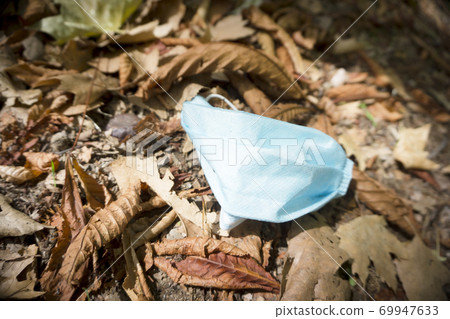 Used surgical mask lying on dry leaves in the field Used surgical mask lying on dry leaves in the field 69947633