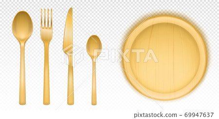 Wooden cutlery and round tray for pizza Wooden cutlery and round tray for pizza 69947637