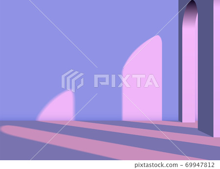 Abstract vaporwave architectural 3D background with arches and columns in the pink room with violet shadows 69947812