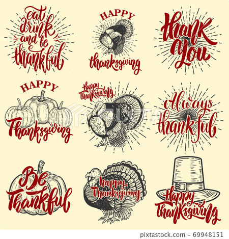 Set of happy thanksgiving badges. Turkey, pumpkin. 69948151