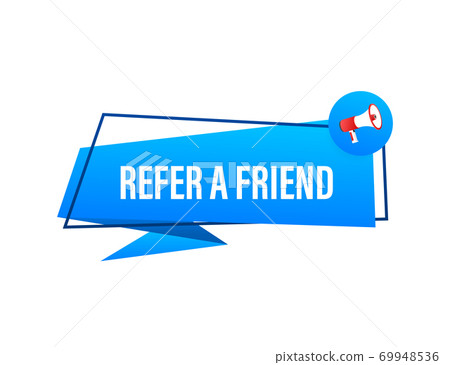 Hand holding megaphone, refer a friend. Vector stock illustration. 69948536