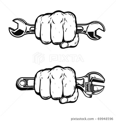 Human fist with wrench. Design element for poster, emblem, sign, badge. Vector illustration 69948596