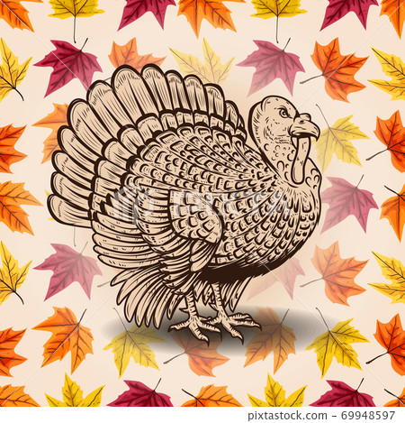 Happy Thanksgiving. Hand drawn lettering on background with leaves and turkey silhouette. Design element for poster, card, banner. Vector illustration Happy Thanksgiving. Hand drawn lettering on background with leaves and turkey silhouette. Design element for poster, card, banner. Vector illustration 69948597