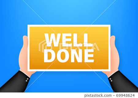 Well done cartoon poster with hand holding placard for banner design. Banner, Billboard design. Vector stock illustration. 69948624