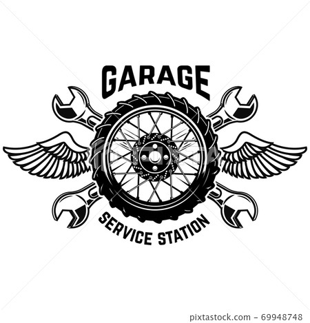Service station emblem template. Car wheel with wings. Design elements for emblem, sign, poster. Vector illustration Service station emblem template. Car wheel with wings. Design elements for emblem, sign, poster. Vector illustration 69948748