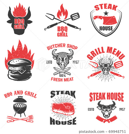 Set of steak house emblems on white background. Design element for logo, label, emblem, sign. Vector illustration 69948751