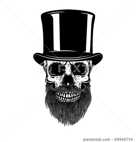 Bearded skull in retro hat. Gentleman club. Design element for t shirt, poster, emblem, sign. Vector illustration Bearded skull in retro hat. Gentleman club. Design element for t shirt, poster, emblem, sign. Vector illustration 69948754