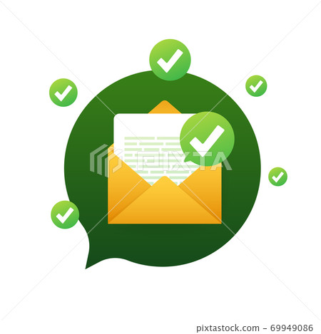 Opened envelope and document with green check mark. Verification email. Vector illustration. 69949086